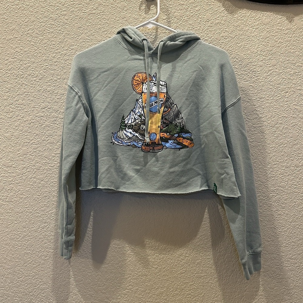 Wild Tribute Blue Moon Beer Cropped Hooded Sweatshirt Green Coors Extra Small xs